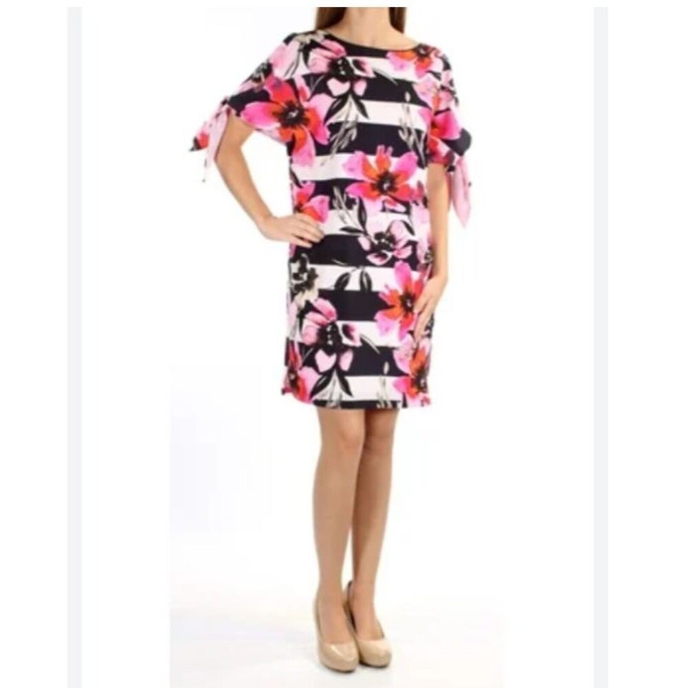 Vince Camuto Black & Pink Floral Stripe Shift Dress